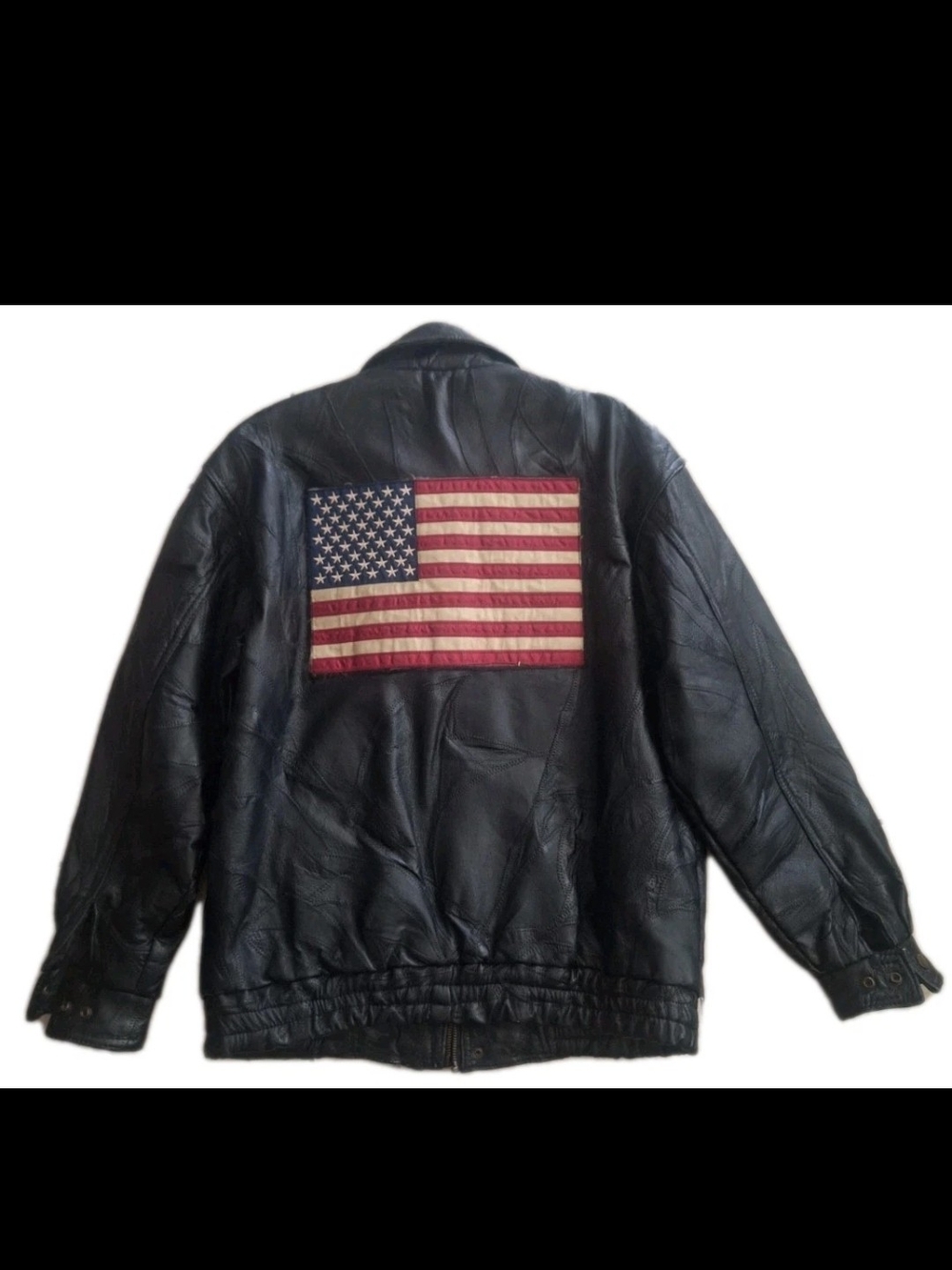 Vtg American Flag Leather Jacket Black L Large